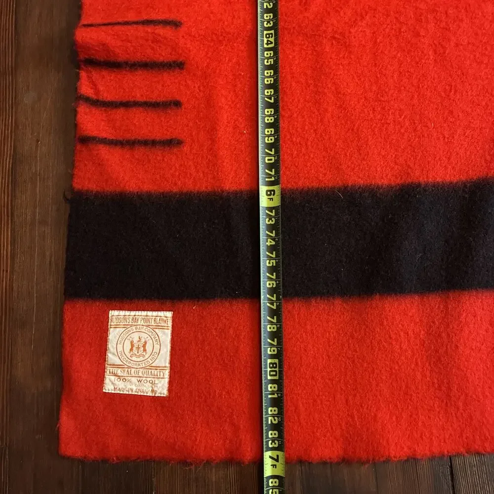 Vintage Hudson Bay Blanket Red Wool Striped 4 Point Queen Gold Label 1930s 84x74